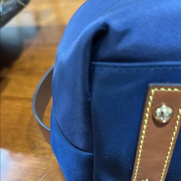 Dooney & Bourke Italian Nylon Navy and Brown Hobo Drawstring Bag - Picture 9 of 15